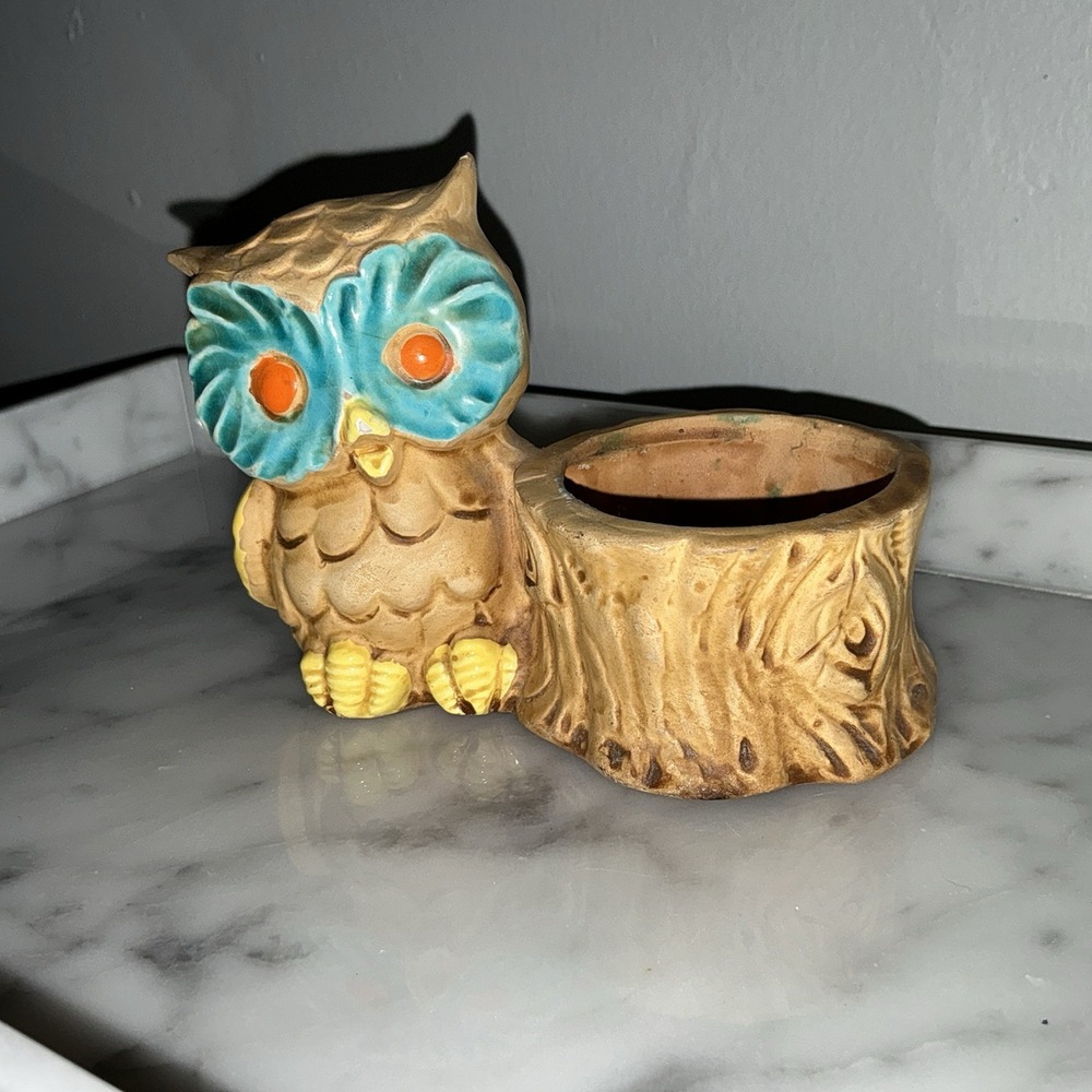 Vintage 70s Owl Stump Candle Votive Toothpick Holder Mid Century Mcm Planter